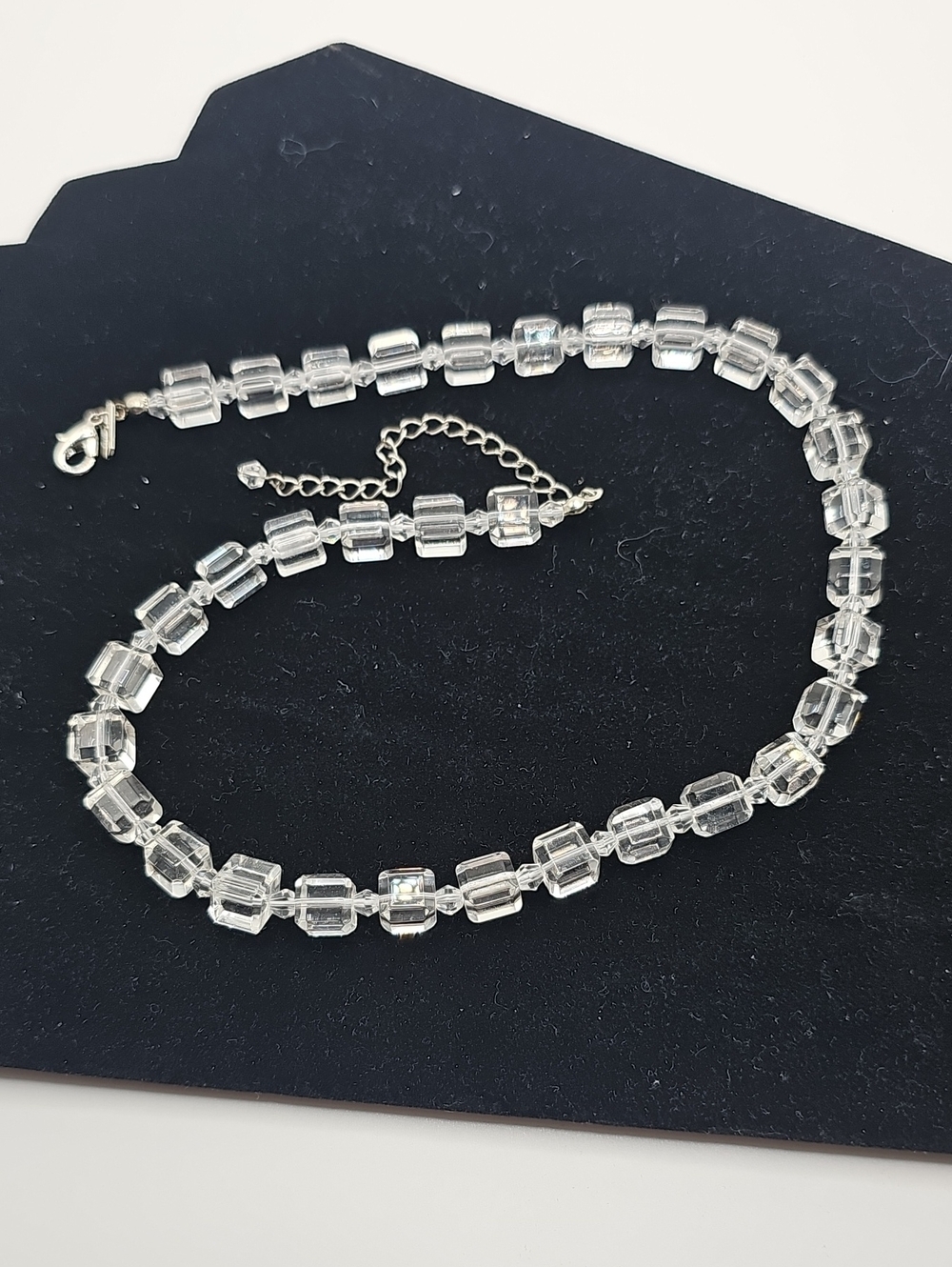 Clear Vintage 1950 Cube, Ice Block Crystal Bead W/Spacers Necklace.